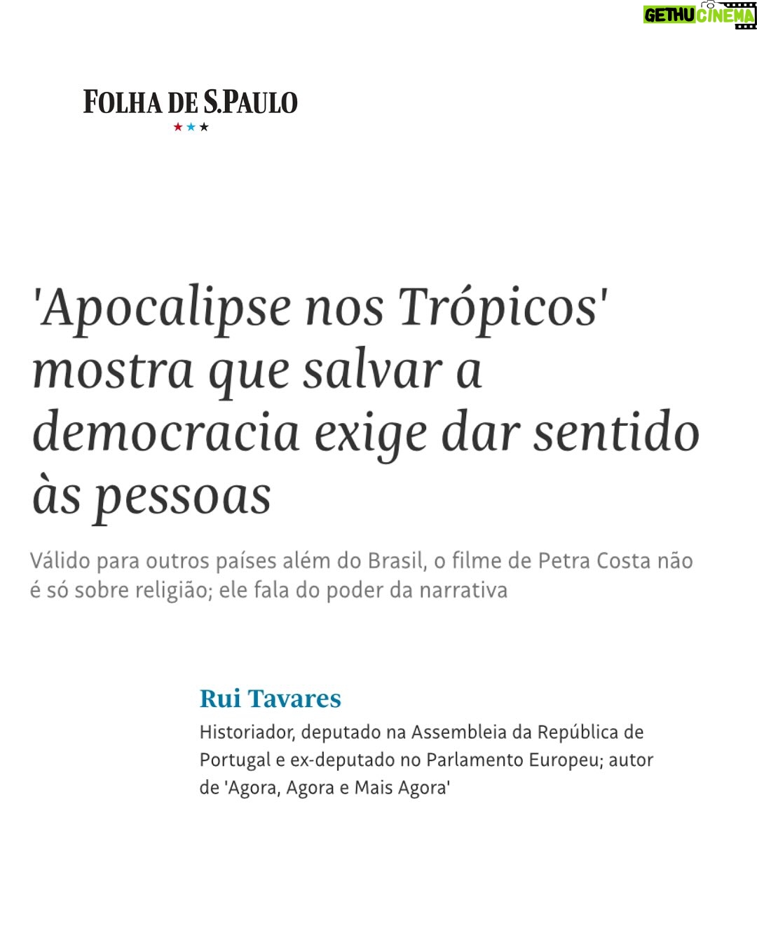 Petra Costa - 5K Likes - O Rui Tavares foi um grande colaborador do projeto ‘Apocalipse nos Trópicos’. Gracias pelo coluna @ruitavarespt !
