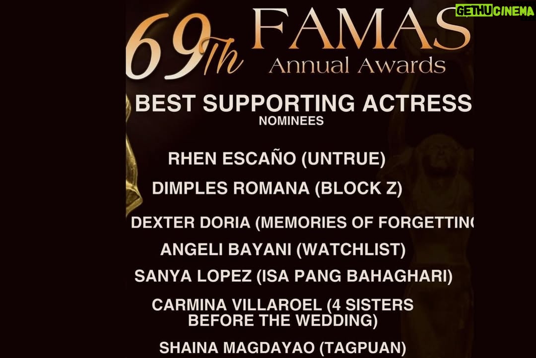 Rhen Escano - 3 Likes - Maraming salamat sa nominasyon, #FAMAS. 
The recognition is already enough.

Congratulations to the whole team #UnTrue. 8 nominations!