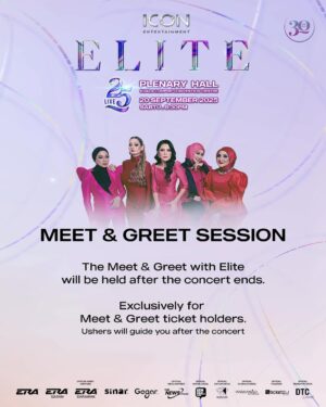 Sasha Saidin Instagram - Buat pemegang tiket Meet & Greet, pesanan untuk kalian semua.

Sesi Meet & Greet akan dilaksanakan selepas konsert.

Tunggu seketika dan pihak pengiring konsert akan membantu anda ke lokasi yang ditetapkan.

Terima Kasih dan jumpa pada Sabtu ni

Mari… CATWALK bersama-sama!

Stay Tune... ⏰⌛️

W E  A R E  B A C K . . 🙏🏻
🎶💄💋💃🏼👗👠👜💍👛🕶️🎼🎭

#elite
#elitewarriors
#girlpower
#25
#30thAnniversary