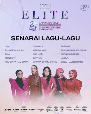 Sasha Saidin Instagram - ‘Di Antara’…. Tinggal 7 hari lagi ELITE Warriors! 💪🏻 💗 Posted @withregram • @eliteofficialmy Berdebar Rasanya Nak Bertentang Mata.. 💖

Azza, Abby, Sasha, Linda dan Watie tidak sabar bertemu mata dengan para peminat. Menyambut baik gegak gempita yang dirasakan sewaktu Konsert genKRU…. kini ELITE LIVE ’25 hadir Istimewa untuk kalian. 
Dah boleh set lagu kat Spotify masing2 ya, tapi jangan lupa janji kita pada malam tu Dresscode CATWALK.. 📲🎼👗👖👕🧢👟🕶️🎒

Kita senaraikan DI ANTARA beberapa tajuk lagu yang bakal dinyanyikan bersama-sama pada minggu depan nanti.. 🎶

W E  A R E  B A C K . . 🙏🏻
🎶💄💋💃🏼👗👠👜💍👛🕶️🎼🎭

#elite
#elitewarriors
#girlpower
#25
#30thAnniversary
#setlist