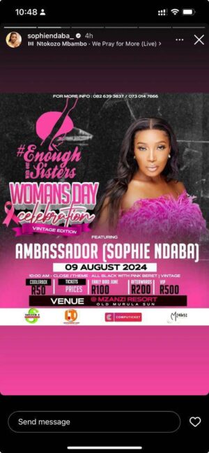 Sophie Ndaba Instagram - Join us this Womens day at Mzansi Resort! 9 August 2024
We stand together and say NO to GBV.
NO is a complete sentence!
#personalrights
#gbv
#women
#womensmonth
@mm_exotic_salon