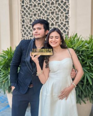 Tanya Rathi Instagram - From creating moments to making milestones, we did it together! 🏆✨ Honored to receive the Popular Couple Youtuber Award (1 Million Category) with my better half—our journey is made of dreams, love, and endless hustle. ❤️ #BestCreators #TeamUs #AwardedForLoveAndCreativity