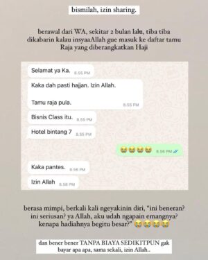 Wirda Mansur Instagram - #Hajjourney Chapter 1

“Hajjah Wirda..” begitu sapaan lembut Papah sedari gue kecil. Dulu sih, risih banget dipanggil gitu. “Ih, kaya panggilan orang tua” gumam gue dalam hati. Karena bayangan gue, yang berangkat Haji kan orang tua. Lah gue masih muda, emang belum Hajian juga. Ngapain sih, dipanggil Haji?

“Ucapan, panggilan, itu kan doa. Biar terafirmasi, nanti beneran berangkat Haji..” kata Papah.

Gue pikir, iya juga ya. Ya udah deh gapapa, call me Bu Hajjah now 😅😎 mudah mudahan beneran jadi doa. 

Emang bener ya, ucapan itu ibarat bibit yang ditanem. Bila terus diucap, sama seperti diaerin. Lama lama dia akan hidup, dan tumbuh. Alhamdulillah, selang bertahun tahun kemudian, sebutan yang Papah berikan, menjadi sebuah doa yang diijbah. 

2 bulan lalu, gue menerima kabar bahagia, diberitahukan bahwa izin Allah nama gue termasuk dalam daftar tamu undangan Kerajaan Saudi, di Haji 2024 ini [cerita lengkapnya baca aja di foto ya]

Allahumma sholli wasallim, wa baarik ‘Alaaih..

Tanamkan ucapan, sebutan, perkataan, doa yang baik.. 
nantikan catatan perjalanan Haji lainnya, insyaaAllah.