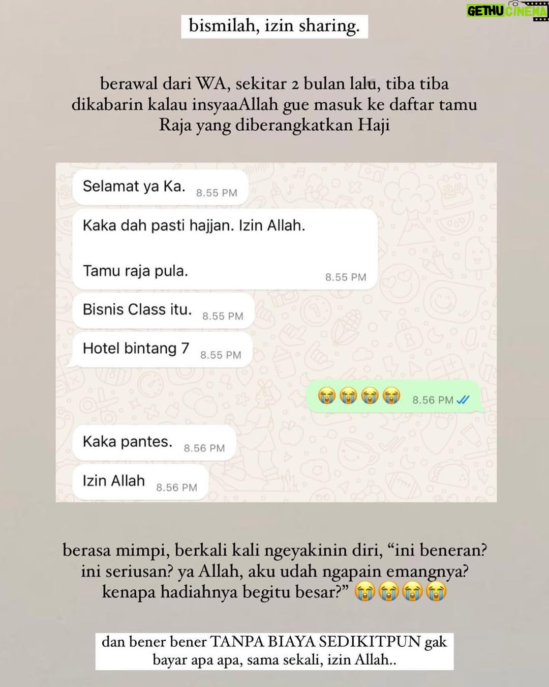 Wirda Mansur - 121.4K Likes - #Hajjourney Chapter 1

“Hajjah Wirda..” begitu sapaan lembut Papah sedari gue kecil. Dulu sih, risih banget dipanggil gitu. “Ih, kaya panggilan orang tua” gumam gue dalam hati. Karena bayangan gue, yang berangkat Haji kan orang tua. Lah gue masih muda, emang belum Hajian juga. Ngapain sih, dipanggil Haji?

“Ucapan, panggilan, itu kan doa. Biar terafirmasi, nanti beneran berangkat Haji..” kata Papah.

Gue pikir, iya juga ya. Ya udah deh gapapa, call me Bu Hajjah now 😅😎 mudah mudahan beneran jadi doa. 

Emang bener ya, ucapan itu ibarat bibit yang ditanem. Bila terus diucap, sama seperti diaerin. Lama lama dia akan hidup, dan tumbuh. Alhamdulillah, selang bertahun tahun kemudian, sebutan yang Papah berikan, menjadi sebuah doa yang diijbah. 

2 bulan lalu, gue menerima kabar bahagia, diberitahukan bahwa izin Allah nama gue termasuk dalam daftar tamu undangan Kerajaan Saudi, di Haji 2024 ini [cerita lengkapnya baca aja di foto ya]

Allahumma sholli wasallim, wa baarik ‘Alaaih..

Tanamkan ucapan, sebutan, perkataan, doa yang baik.. 
nantikan catatan perjalanan Haji lainnya, insyaaAllah.