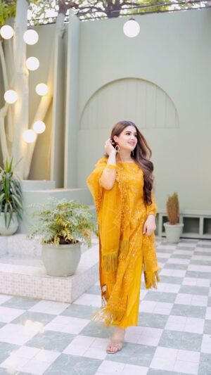 Zahra Waseem Instagram - X @farjay.luxurious 💛

Canvases on soft pure net, paired with matching trouser and embroidered net dupatta to exude versatile and unique elegance.