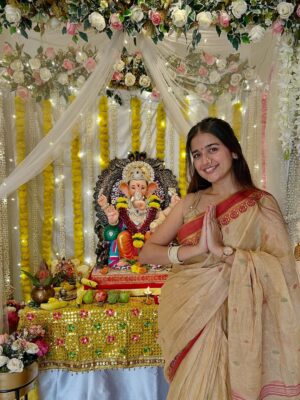 vishakha pandey Instagram - Call it my Ganpati OOTD series.💛
.
Outfit 1 : @myntra
Outfit 2 : Gifted by a friend
Outfit 3 & 7 : Chickenkaari Kirti from Lucknow local market.
Outfit 4 & 6 : Mumma’s Saree
Outfit 5 : @noor.e.kashmir
Outfit 8 : Dress from Goa’s local market paired with dupatta
Outfit 9 : Kurti bought from Sarojini and jeans is from @myzudio
Outfit 10 : @gulabi_dori
.
#vishakhapandey #lookbook #ootd #indian #indianoutfit #lookinspiration #ganpati #fashion #traditonal #traditions