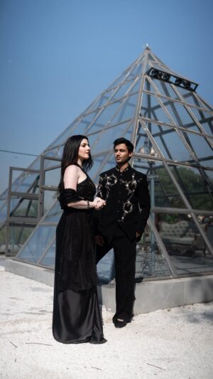 Aastha Shah Instagram - Matching never looked this good🖤
.
Aastha’s Outfit - @labelasthachhabra 
Aastha’s Make up - @makeupbyrevalohia 
Aastha’s Hair - @tanuhairartistry 
Mohak’s outfit @rajmahaldesigns