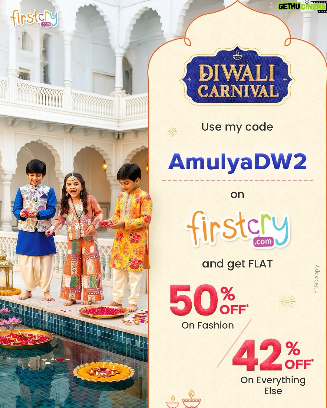 Amulya - 131.8K Likes - #Collaboration with @firstcryindia 

Deepavali is all about lamp and crackers .. we celebrate with light lamps on Lakshmi Pooja .. At home we have already started shopping for festival..

FirstCry.com is always our 1st choice , I shop everything here  for Atharv & Aadhav like creams , dresses etc.. it’s stylish , trendy and comfortable too ..

I am also searching nice Jubhas for Atharv & Aadhav for this Diwali and FirstCry exactly knows what is in my mind..

Atharv & Aadhav loved this panche and shirt as they say it was soft and comfortable.. 

And also don’t forget to use my code 
“AmulyaDW2” to get flat 50% off on fashion and 42% on everything else ..

#firstcrywalidiwali25 #firstcrywalidiwali #firstcryindia #firstcry #FussNowAtFirstcry #firstcryfashion #kidsfashion