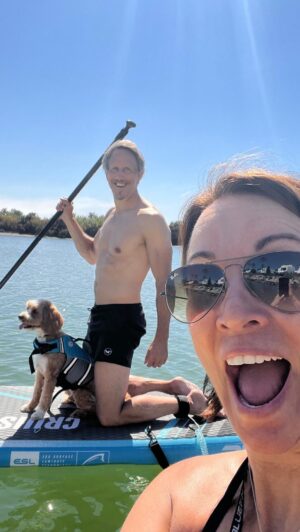 Andrea McLean Instagram - Today was a BIG DAY for @teddymcfeen - first time on a paddle board! We were worried it would be like having a toddler, and all our daydreams about what it was going to be like would end up with tears and tantrums, or whatever the doggy equivalent is, and we’d have to go home. But he just jumped on and sat down, calm as you like. He loved it! We spent about an hour going up and down the river and he just chilled. He’s a tired boy now. 🐶

#whatagoodboy #freshstart #funinthesun