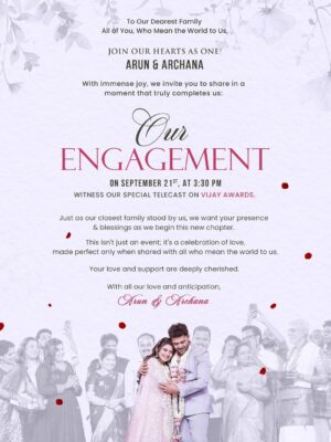 Archana Ravichandran Instagram - Some moments in life are too precious to keep within four walls… our engagement is one of them. With hearts full of joy, we want you to be part of it too. 💍✨ Watch our engagement telecast on September 21st at 3:30 PM on Vijay Awards, and bless us with your love as we begin this new journey together. ❤️ #ArunandArchana