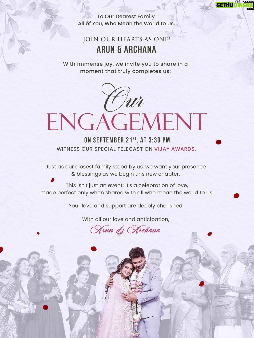 Archana Ravichandran - 116K Likes - Some moments in life are too precious to keep within four walls… our engagement is one of them. With hearts full of joy, we want you to be part of it too. 💍✨ Watch our engagement telecast on September 21st at 3:30 PM on Vijay Awards, and bless us with your love as we begin this new journey together. ❤️ #ArunandArchana