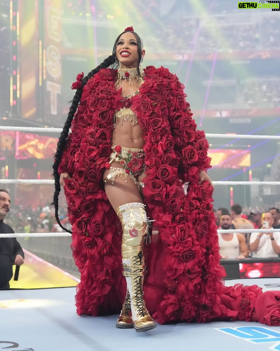 Bianca Crawford - 123.9K Likes - Gear & Entrance Piece: MADE BY ME
greatEST Gear of ALL TIME
🌹🌹🌹🌹🌹🌹
When I was a little girl my Mama asked me what I wanted to be when I grew up and I said “I want people to throw roses at my feet”.she was confused, but we eventually realized I saw someone on tv performing; receiving a round of applause as people threw roses on stage. Basically, I was saying I wanted to perform. I wanted to entertain. I wanted to pour so much of myself into something that it would make people feel so much and have them jumping to their feet! When you work hard and succeed (success is your own definition) you will get your flowers!

I’ve poured so much of myself into what I do. I love what I do. I’m GREAT at what I do, but that doesn’t mean I don’t get tired, frustrated, overwhelmed, burnt out… I work my ASS off INSIDE AND OUTSIDE the ring because I want to be remembered as someone who earned and deserved EVERYTHING they have gotten, I want to be remembered as someone who entertained you and made you feel something, I want to be remembered as an innovator never duplicator, a trendsetter, and history maker, a one of a kind generational talent that makes a difference in an impactful way and changed the game.
Win or lose I love what I do. Win or lose I’m always proud of the body of work WE do. And win or lose I’ll never let up.

My family has always been my biggest supporters and they have always been with me every step of the way. this #wrESTleMania was special because they were even out there with me.  My step daughter was in my entrance jump roping with her braid. I almost broke hugging her and my parents and husband were with me in my entrance. I was so overwhelmed with time and making my gear. My parents flew down on my bday and we all collectively made this entrance piece. It was a full circle moment of telling my Mama I want people to throw roses at my feet as a kid to now being in WWE and having my mama & daddy toss roses to me & @montezfordwwe as we tag teamed to make this piece. 
I’m walking in my purpose and damn it win or lose cheers or boos “it is what it is”. WE did that yesterday and I’ll be damned if I didn’t get my flowers!
#ESTofWWE