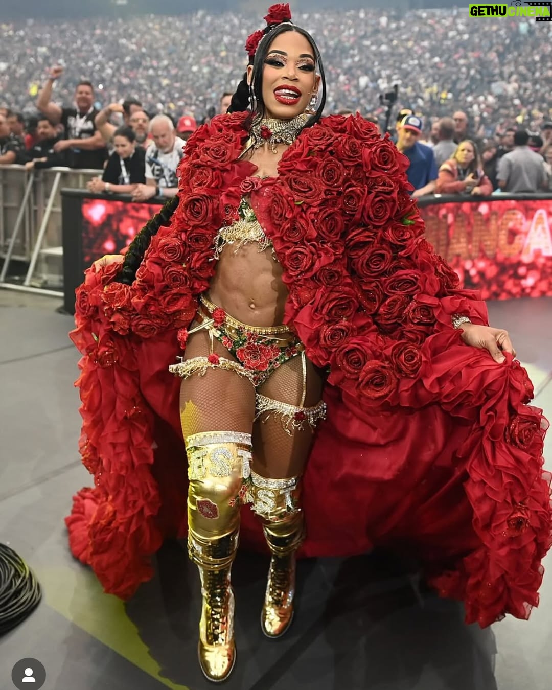 Bianca Crawford - 123.9K Likes - Gear & Entrance Piece: MADE BY ME
greatEST Gear of ALL TIME
🌹🌹🌹🌹🌹🌹
When I was a little girl my Mama asked me what I wanted to be when I grew up and I said “I want people to throw roses at my feet”.she was confused, but we eventually realized I saw someone on tv performing; receiving a round of applause as people threw roses on stage. Basically, I was saying I wanted to perform. I wanted to entertain. I wanted to pour so much of myself into something that it would make people feel so much and have them jumping to their feet! When you work hard and succeed (success is your own definition) you will get your flowers!

I’ve poured so much of myself into what I do. I love what I do. I’m GREAT at what I do, but that doesn’t mean I don’t get tired, frustrated, overwhelmed, burnt out… I work my ASS off INSIDE AND OUTSIDE the ring because I want to be remembered as someone who earned and deserved EVERYTHING they have gotten, I want to be remembered as someone who entertained you and made you feel something, I want to be remembered as an innovator never duplicator, a trendsetter, and history maker, a one of a kind generational talent that makes a difference in an impactful way and changed the game.
Win or lose I love what I do. Win or lose I’m always proud of the body of work WE do. And win or lose I’ll never let up.

My family has always been my biggest supporters and they have always been with me every step of the way. this #wrESTleMania was special because they were even out there with me.  My step daughter was in my entrance jump roping with her braid. I almost broke hugging her and my parents and husband were with me in my entrance. I was so overwhelmed with time and making my gear. My parents flew down on my bday and we all collectively made this entrance piece. It was a full circle moment of telling my Mama I want people to throw roses at my feet as a kid to now being in WWE and having my mama & daddy toss roses to me & @montezfordwwe as we tag teamed to make this piece. 
I’m walking in my purpose and damn it win or lose cheers or boos “it is what it is”. WE did that yesterday and I’ll be damned if I didn’t get my flowers!
#ESTofWWE