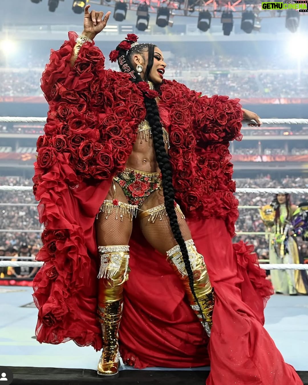 Bianca Crawford - 123.9K Likes - Gear & Entrance Piece: MADE BY ME
greatEST Gear of ALL TIME
🌹🌹🌹🌹🌹🌹
When I was a little girl my Mama asked me what I wanted to be when I grew up and I said “I want people to throw roses at my feet”.she was confused, but we eventually realized I saw someone on tv performing; receiving a round of applause as people threw roses on stage. Basically, I was saying I wanted to perform. I wanted to entertain. I wanted to pour so much of myself into something that it would make people feel so much and have them jumping to their feet! When you work hard and succeed (success is your own definition) you will get your flowers!

I’ve poured so much of myself into what I do. I love what I do. I’m GREAT at what I do, but that doesn’t mean I don’t get tired, frustrated, overwhelmed, burnt out… I work my ASS off INSIDE AND OUTSIDE the ring because I want to be remembered as someone who earned and deserved EVERYTHING they have gotten, I want to be remembered as someone who entertained you and made you feel something, I want to be remembered as an innovator never duplicator, a trendsetter, and history maker, a one of a kind generational talent that makes a difference in an impactful way and changed the game.
Win or lose I love what I do. Win or lose I’m always proud of the body of work WE do. And win or lose I’ll never let up.

My family has always been my biggest supporters and they have always been with me every step of the way. this #wrESTleMania was special because they were even out there with me.  My step daughter was in my entrance jump roping with her braid. I almost broke hugging her and my parents and husband were with me in my entrance. I was so overwhelmed with time and making my gear. My parents flew down on my bday and we all collectively made this entrance piece. It was a full circle moment of telling my Mama I want people to throw roses at my feet as a kid to now being in WWE and having my mama & daddy toss roses to me & @montezfordwwe as we tag teamed to make this piece. 
I’m walking in my purpose and damn it win or lose cheers or boos “it is what it is”. WE did that yesterday and I’ll be damned if I didn’t get my flowers!
#ESTofWWE