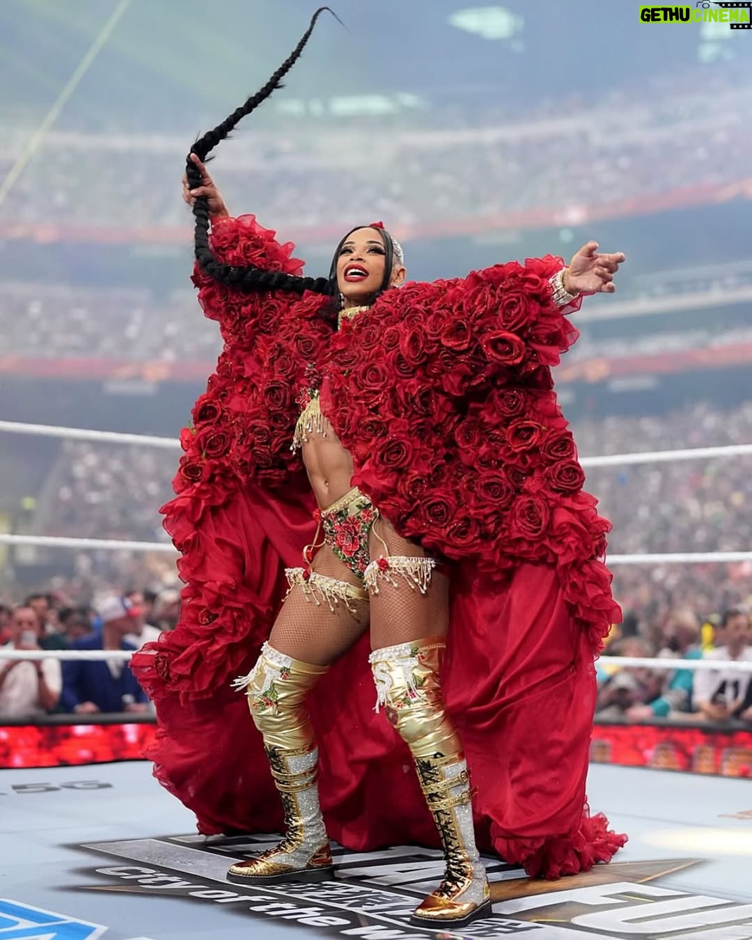 Bianca Crawford - 123.9K Likes - Gear & Entrance Piece: MADE BY ME
greatEST Gear of ALL TIME
🌹🌹🌹🌹🌹🌹
When I was a little girl my Mama asked me what I wanted to be when I grew up and I said “I want people to throw roses at my feet”.she was confused, but we eventually realized I saw someone on tv performing; receiving a round of applause as people threw roses on stage. Basically, I was saying I wanted to perform. I wanted to entertain. I wanted to pour so much of myself into something that it would make people feel so much and have them jumping to their feet! When you work hard and succeed (success is your own definition) you will get your flowers!

I’ve poured so much of myself into what I do. I love what I do. I’m GREAT at what I do, but that doesn’t mean I don’t get tired, frustrated, overwhelmed, burnt out… I work my ASS off INSIDE AND OUTSIDE the ring because I want to be remembered as someone who earned and deserved EVERYTHING they have gotten, I want to be remembered as someone who entertained you and made you feel something, I want to be remembered as an innovator never duplicator, a trendsetter, and history maker, a one of a kind generational talent that makes a difference in an impactful way and changed the game.
Win or lose I love what I do. Win or lose I’m always proud of the body of work WE do. And win or lose I’ll never let up.

My family has always been my biggest supporters and they have always been with me every step of the way. this #wrESTleMania was special because they were even out there with me.  My step daughter was in my entrance jump roping with her braid. I almost broke hugging her and my parents and husband were with me in my entrance. I was so overwhelmed with time and making my gear. My parents flew down on my bday and we all collectively made this entrance piece. It was a full circle moment of telling my Mama I want people to throw roses at my feet as a kid to now being in WWE and having my mama & daddy toss roses to me & @montezfordwwe as we tag teamed to make this piece. 
I’m walking in my purpose and damn it win or lose cheers or boos “it is what it is”. WE did that yesterday and I’ll be damned if I didn’t get my flowers!
#ESTofWWE
