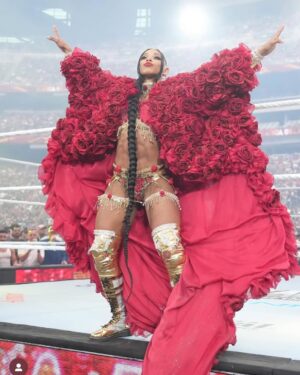 Bianca Crawford Instagram - Gear & Entrance Piece: MADE BY ME
greatEST Gear of ALL TIME
🌹🌹🌹🌹🌹🌹
When I was a little girl my Mama asked me what I wanted to be when I grew up and I said “I want people to throw roses at my feet”.she was confused, but we eventually realized I saw someone on tv performing; receiving a round of applause as people threw roses on stage. Basically, I was saying I wanted to perform. I wanted to entertain. I wanted to pour so much of myself into something that it would make people feel so much and have them jumping to their feet! When you work hard and succeed (success is your own definition) you will get your flowers!

I’ve poured so much of myself into what I do. I love what I do. I’m GREAT at what I do, but that doesn’t mean I don’t get tired, frustrated, overwhelmed, burnt out… I work my ASS off INSIDE AND OUTSIDE the ring because I want to be remembered as someone who earned and deserved EVERYTHING they have gotten, I want to be remembered as someone who entertained you and made you feel something, I want to be remembered as an innovator never duplicator, a trendsetter, and history maker, a one of a kind generational talent that makes a difference in an impactful way and changed the game.
Win or lose I love what I do. Win or lose I’m always proud of the body of work WE do. And win or lose I’ll never let up.

My family has always been my biggest supporters and they have always been with me every step of the way. this #wrESTleMania was special because they were even out there with me.  My step daughter was in my entrance jump roping with her braid. I almost broke hugging her and my parents and husband were with me in my entrance. I was so overwhelmed with time and making my gear. My parents flew down on my bday and we all collectively made this entrance piece. It was a full circle moment of telling my Mama I want people to throw roses at my feet as a kid to now being in WWE and having my mama & daddy toss roses to me & @montezfordwwe as we tag teamed to make this piece. 
I’m walking in my purpose and damn it win or lose cheers or boos “it is what it is”. WE did that yesterday and I’ll be damned if I didn’t get my flowers!
#ESTofWWE