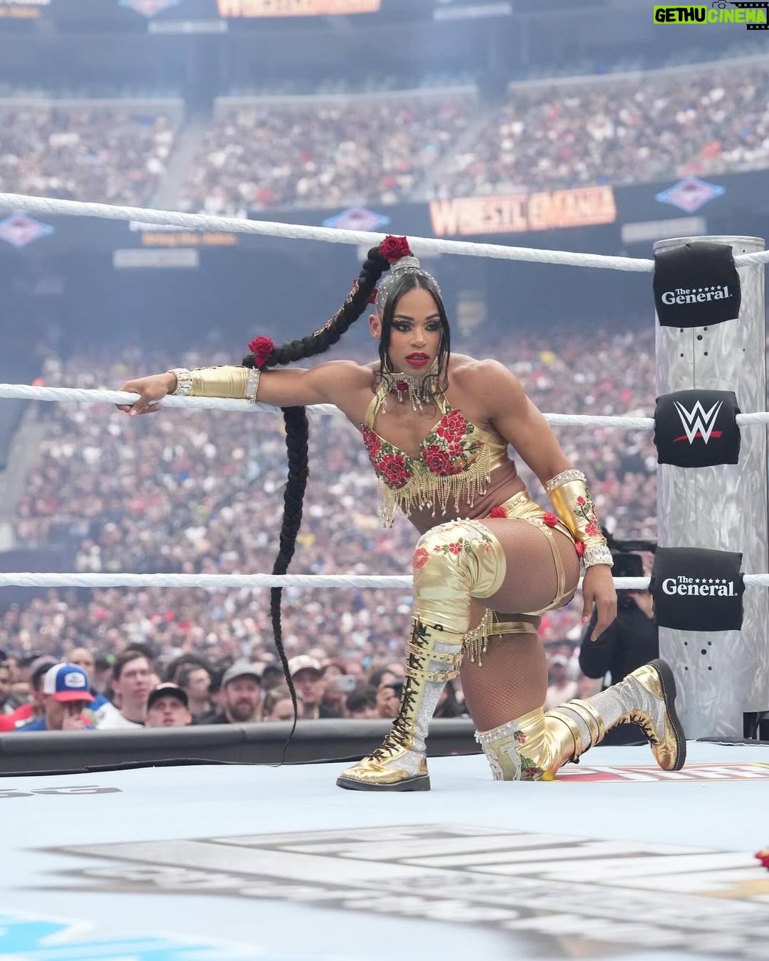 Bianca Crawford - 123.9K Likes - Gear & Entrance Piece: MADE BY ME
greatEST Gear of ALL TIME
🌹🌹🌹🌹🌹🌹
When I was a little girl my Mama asked me what I wanted to be when I grew up and I said “I want people to throw roses at my feet”.she was confused, but we eventually realized I saw someone on tv performing; receiving a round of applause as people threw roses on stage. Basically, I was saying I wanted to perform. I wanted to entertain. I wanted to pour so much of myself into something that it would make people feel so much and have them jumping to their feet! When you work hard and succeed (success is your own definition) you will get your flowers!

I’ve poured so much of myself into what I do. I love what I do. I’m GREAT at what I do, but that doesn’t mean I don’t get tired, frustrated, overwhelmed, burnt out… I work my ASS off INSIDE AND OUTSIDE the ring because I want to be remembered as someone who earned and deserved EVERYTHING they have gotten, I want to be remembered as someone who entertained you and made you feel something, I want to be remembered as an innovator never duplicator, a trendsetter, and history maker, a one of a kind generational talent that makes a difference in an impactful way and changed the game.
Win or lose I love what I do. Win or lose I’m always proud of the body of work WE do. And win or lose I’ll never let up.

My family has always been my biggest supporters and they have always been with me every step of the way. this #wrESTleMania was special because they were even out there with me.  My step daughter was in my entrance jump roping with her braid. I almost broke hugging her and my parents and husband were with me in my entrance. I was so overwhelmed with time and making my gear. My parents flew down on my bday and we all collectively made this entrance piece. It was a full circle moment of telling my Mama I want people to throw roses at my feet as a kid to now being in WWE and having my mama & daddy toss roses to me & @montezfordwwe as we tag teamed to make this piece. 
I’m walking in my purpose and damn it win or lose cheers or boos “it is what it is”. WE did that yesterday and I’ll be damned if I didn’t get my flowers!
#ESTofWWE