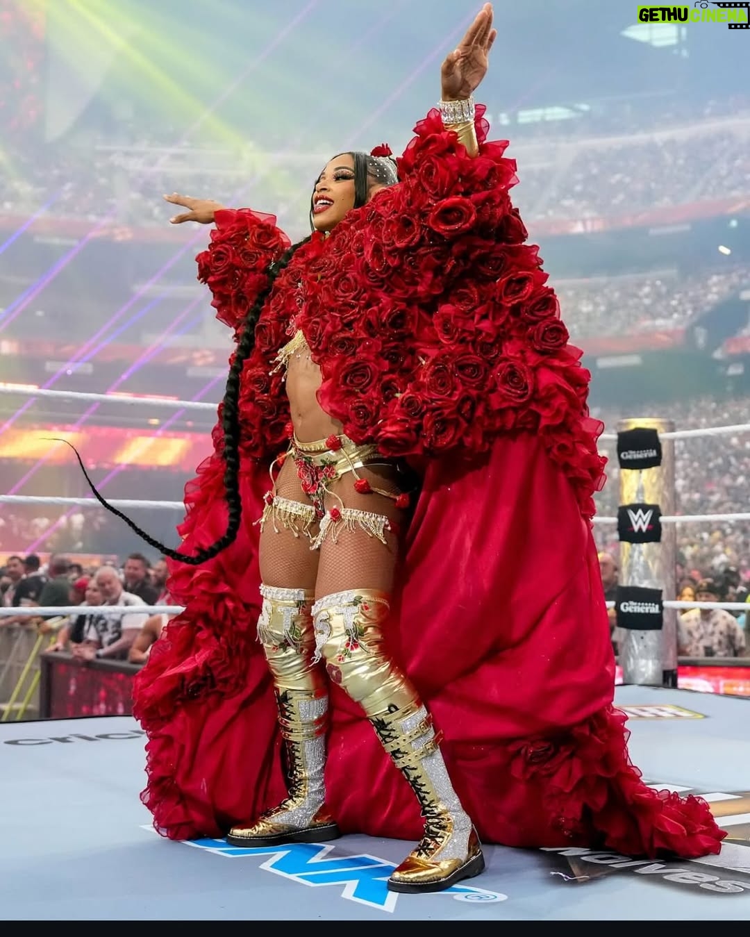 Bianca Crawford - 123.9K Likes - Gear & Entrance Piece: MADE BY ME
greatEST Gear of ALL TIME
🌹🌹🌹🌹🌹🌹
When I was a little girl my Mama asked me what I wanted to be when I grew up and I said “I want people to throw roses at my feet”.she was confused, but we eventually realized I saw someone on tv performing; receiving a round of applause as people threw roses on stage. Basically, I was saying I wanted to perform. I wanted to entertain. I wanted to pour so much of myself into something that it would make people feel so much and have them jumping to their feet! When you work hard and succeed (success is your own definition) you will get your flowers!

I’ve poured so much of myself into what I do. I love what I do. I’m GREAT at what I do, but that doesn’t mean I don’t get tired, frustrated, overwhelmed, burnt out… I work my ASS off INSIDE AND OUTSIDE the ring because I want to be remembered as someone who earned and deserved EVERYTHING they have gotten, I want to be remembered as someone who entertained you and made you feel something, I want to be remembered as an innovator never duplicator, a trendsetter, and history maker, a one of a kind generational talent that makes a difference in an impactful way and changed the game.
Win or lose I love what I do. Win or lose I’m always proud of the body of work WE do. And win or lose I’ll never let up.

My family has always been my biggest supporters and they have always been with me every step of the way. this #wrESTleMania was special because they were even out there with me.  My step daughter was in my entrance jump roping with her braid. I almost broke hugging her and my parents and husband were with me in my entrance. I was so overwhelmed with time and making my gear. My parents flew down on my bday and we all collectively made this entrance piece. It was a full circle moment of telling my Mama I want people to throw roses at my feet as a kid to now being in WWE and having my mama & daddy toss roses to me & @montezfordwwe as we tag teamed to make this piece. 
I’m walking in my purpose and damn it win or lose cheers or boos “it is what it is”. WE did that yesterday and I’ll be damned if I didn’t get my flowers!
#ESTofWWE