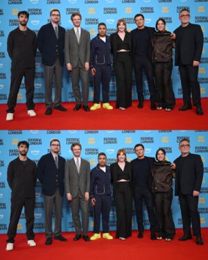 Bryce Dallas Howard Instagram - Thank you #SXSWLondon for hosting the world premiere of Deep Cover — right in Shoreditch, in the very neighborhood where we filmed, surrounded by the team who brought it to life.

This film is a love letter to improv, to London, and to every cast and crew member who poured their talent and heart into it. 

#DeepCover streams June 12 on @primevideo.

Hair: @halleybrisker
Makeup: @nikki_makeup
Nails: @veenailz

📸 1-2, 7-8: @nikki_makeup
📸 3-5: Getty Images for SXSW London
📸 6: Anthony Harvey/Shutterstock for Amazon Prime Video

[ID: BDH poses for portraits wearing a navy blue @sandroparis sweater with rows of silver buttons on the front on a light blue ruffle collar.  

At the @sxswlondon premiere of Deep Cover, she stands alongside the cast and crew in a black @sandroparis striped three-piece suit with sequins and @stuartweitzman heels. Her hair is straight and falls behind her shoulders. 

And before the premiere, the trio (BDH, Orlando, and Nick) surprise an improv class at the legendary @comedystorelondon and take a photo on the iconic blue-curtained stage. BDH wears a grey @majeparis sweater with a lace collar, @mother jeans, and her silver @rebeccaminkoff pumps.]