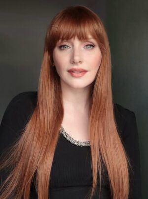 Bryce Dallas Howard Instagram - @nikki_makeup, you can do no wrong ✨⁣
⁣
Makeup & Photo by @nikki_makeup⁣
⁣
[ID: In the makeup trailer for a behind-the-scenes interview, BDH poses for portraits wearing a black shirt with silver beading around the collar. Her makeup is dewy and clean and her hair is down and incredibly long — it’s day 123 of not cutting it (aside from her bangs) and she’s loving it.]