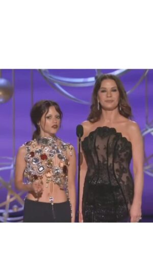 Catherine Zeta-Jones Instagram - So wonderful to share the stage at the Emmy’s with @jennaortega Congratulations to all the nominees and winners!  Thank you to…. @miss_kellyjohnson @marandahair @brettglam @truepublicrelations My whole look created by @yarashoemakerofficial @stephensilver  @jimmychoo ❤️ everyone