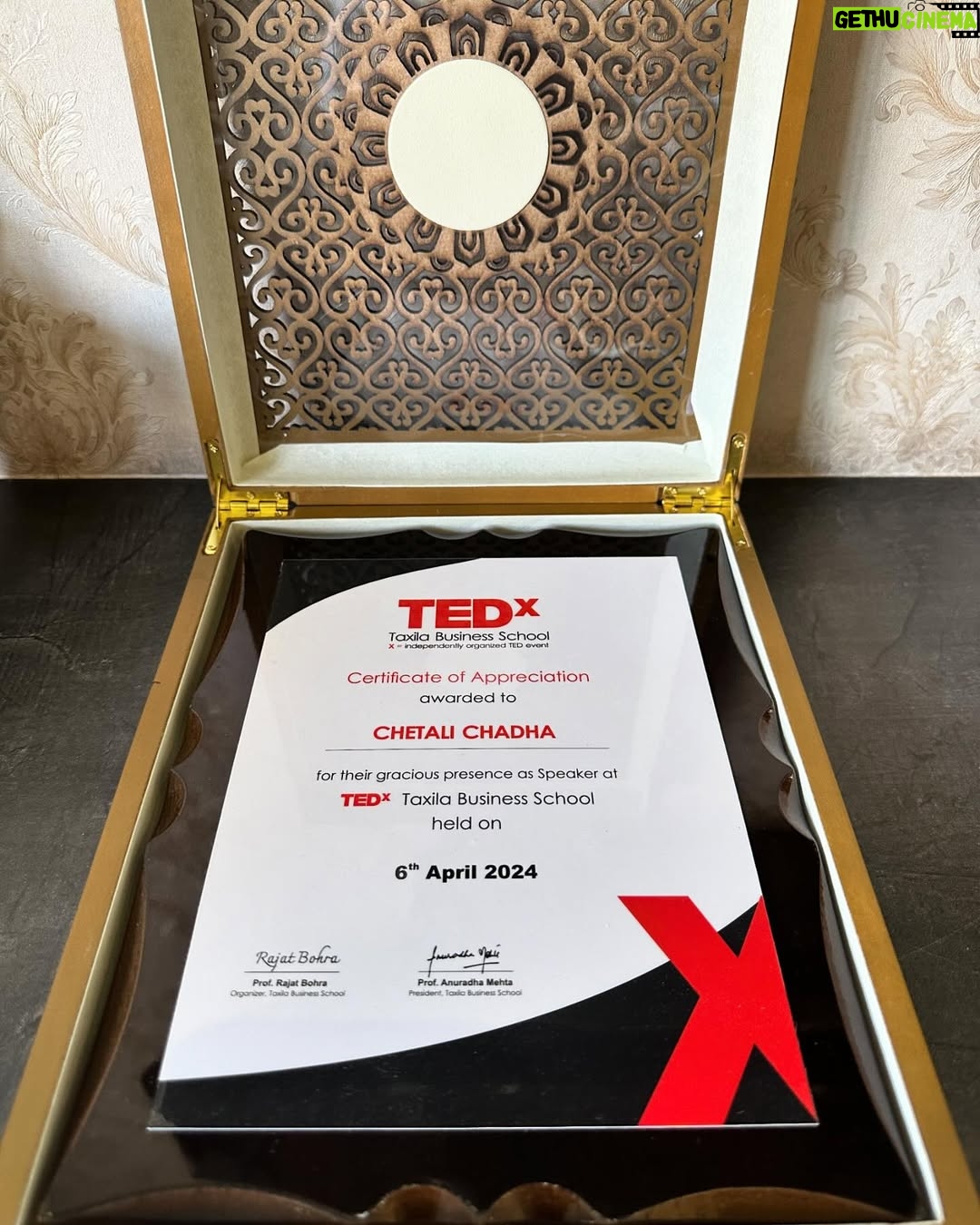 Chetali Chadha - 1.9K Likes - I have lived yet another dream today and I’m beyond grateful for it! 🙏❤️🧿

During my TEDx talk, I had the profound honor of delving into the depths of my personal journey, sharing the metamorphosis from a corporate professional to a flourishing entrepreneur. It was an exploration of the twists and turns, the triumphs and tribulations that shaped my path. With every anecdote shared, I aimed to illuminate the transformative power of resilience, perseverance, and unwavering determination. My hope was to inspire others to embark on their own journeys of self-discovery and entrepreneurial pursuit, knowing that with courage and conviction, they too can manifest their dreams into reality.

I extend my heartfelt gratitude to Taxila Business School for the gracious invitation and the incredible warmth and support they have shown us. It was truly an honor to be a part of such a welcoming community.

#tedtalk #tedtalks #tedex