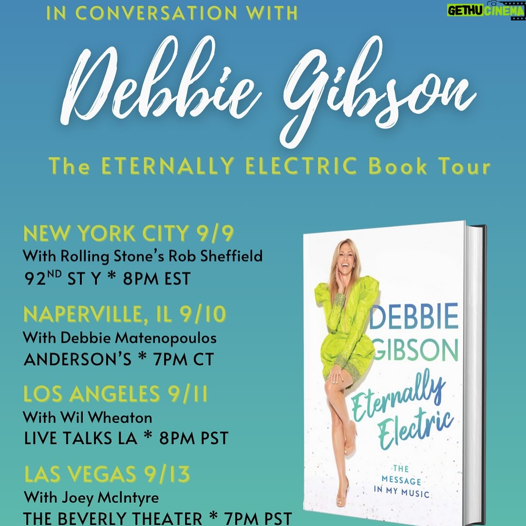 Debbie Matenopoulos - 2K Likes - ✨IT’S HAPPENING!✨ Tickets for The Eternally Electric Book Tour are on sale NOW—Friday at 12PM ET / 9AM PT! 🎟️

I’ll be sharing the stories behind the stories in my memoir Eternally Electric with some incredible friends joining me on stage. From NYC to Chicago to LA to Vegas—this is going to be unforgettable. 💫

Grab your seats at EternallyElectric.com 💖 

#EternallyElectric #BookTour #DebbieGibson