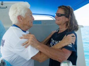 Diana Nyad Instagram - It was Labor Day 12 years ago that my Xtreme Dream Team and I walked up onto the beach in Key West, after my swimming 52 hrs, 54 mins from Havana. The grand adventure of a lifetime and I will never forget any member of my committed team. Bonnie was the strength of the crossing. Candace (silver hair) was the only person on my boat all five times, over 35 years, going back to the first attempt in 1978. The box jellyfish stings could have been fatal. My shark divers were brave. 
Yes, life goes ONWARD, but the memory never seems to fade.
Still proud. 
•
#nyad #cubaswim #swimminghistory #epic #oneward #neverevergiveup #findaway #xtremedream