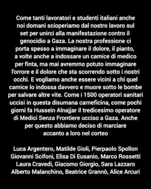 Elisa Di Eusanio Instagram - Orgogliosa 
Noi ci saremo 
Ci vediamo domani in piazza dei 500 a Roma ❤️🇵🇸

@lucaargentero @matildegioli @pierpaolospollon @giovanni_scifoni @lauracravedi @marco__rossetti @albertomalanchino @beagranno @alice_arcuri_ @sara_lazzaro @giacomogiorgioreal @petitewong