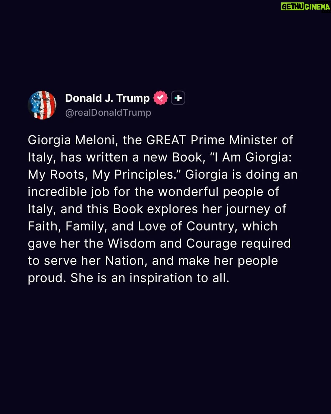 Giorgia Meloni - 143K Likes - Very kind, my friend! I think it is important people know who you are and where you are from to check if you are sincere in your political journey.
@realdonaldtrump