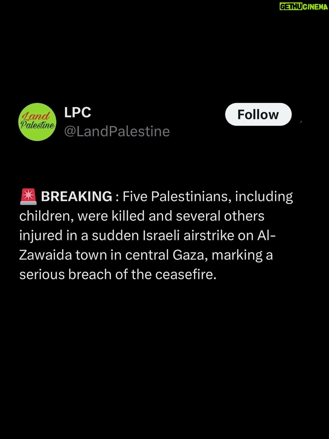 Greta Thunberg - 290.5K Likes - BREAKING : Five Palestinians, including
children, were killed and several others injured in a sudden Israeli airstrike on Al-Zawaida town in central Gaza, marking a serious breach of the ceasefire.

#palestine #usa #landpalestine