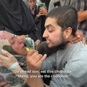 Greta Thunberg Instagram - A Palestinian mother holds a melting chocolate bar after waiting hours to feed it to her son, who has not tasted sugar during the last two years he has spent in Zionist detention. The son, falling at his mother’s feet, refuses the chocolate and insists on kissing her first. “What do I need sugar for when I have you?”

May all our people share in moments like these with their loved ones who remain unjustly detained in Zionist prisons, before and at the hour of Palestine’s liberation.

🎥 Video by @nour_alnajjar96