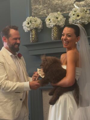 Hannah Waddingham Instagram - ….And so my beautiful, hilarious, chaotic, delicious, talented companion (and magnificent hair and makeup artist) @sophiescarlettroberts has joined forces officially with a man who has finally brought her the love, respect, support, companionship, and abject tolerance of poodles she needed! 😂🥰 Grateful for you @worldofwardy What a beautiful day, I was so honoured to share it with you both. Xx …. But Scarley, get your bouquet off my lap for God’s sake!!!😱🙈😂😂😂.