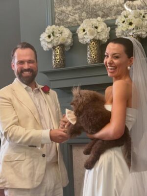 Hannah Waddingham Instagram - ….And so my beautiful, hilarious, chaotic, delicious, talented companion (and magnificent hair and makeup artist) @sophiescarlettroberts has joined forces officially with a man who has finally brought her the love, respect, support, companionship, and abject tolerance of poodles she needed! 😂🥰 Grateful for you @worldofwardy What a beautiful day, I was so honoured to share it with you both. Xx …. But Scarley, get your bouquet off my lap for God’s sake!!!😱🙈😂😂😂.