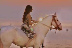 Heer Kaur Instagram - Embracing the horizon's fiery glow✨
📸- @rajeshgohil.photography_
hair and makeup- @minikamakeup
.
.
#trending #sunset #ootd #horse #photography #explore #explorepage