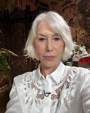 Helen Mirren Instagram - Doing press for Thursday Murder Club in New York in My lovely shirt from Casa Andina in Tricase