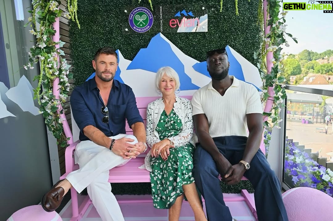 Helen Mirren - 47K Likes - Great day at the Men’s Final at Wimbledon with Chris Hemsworth and Stormzy thanks @evianwater