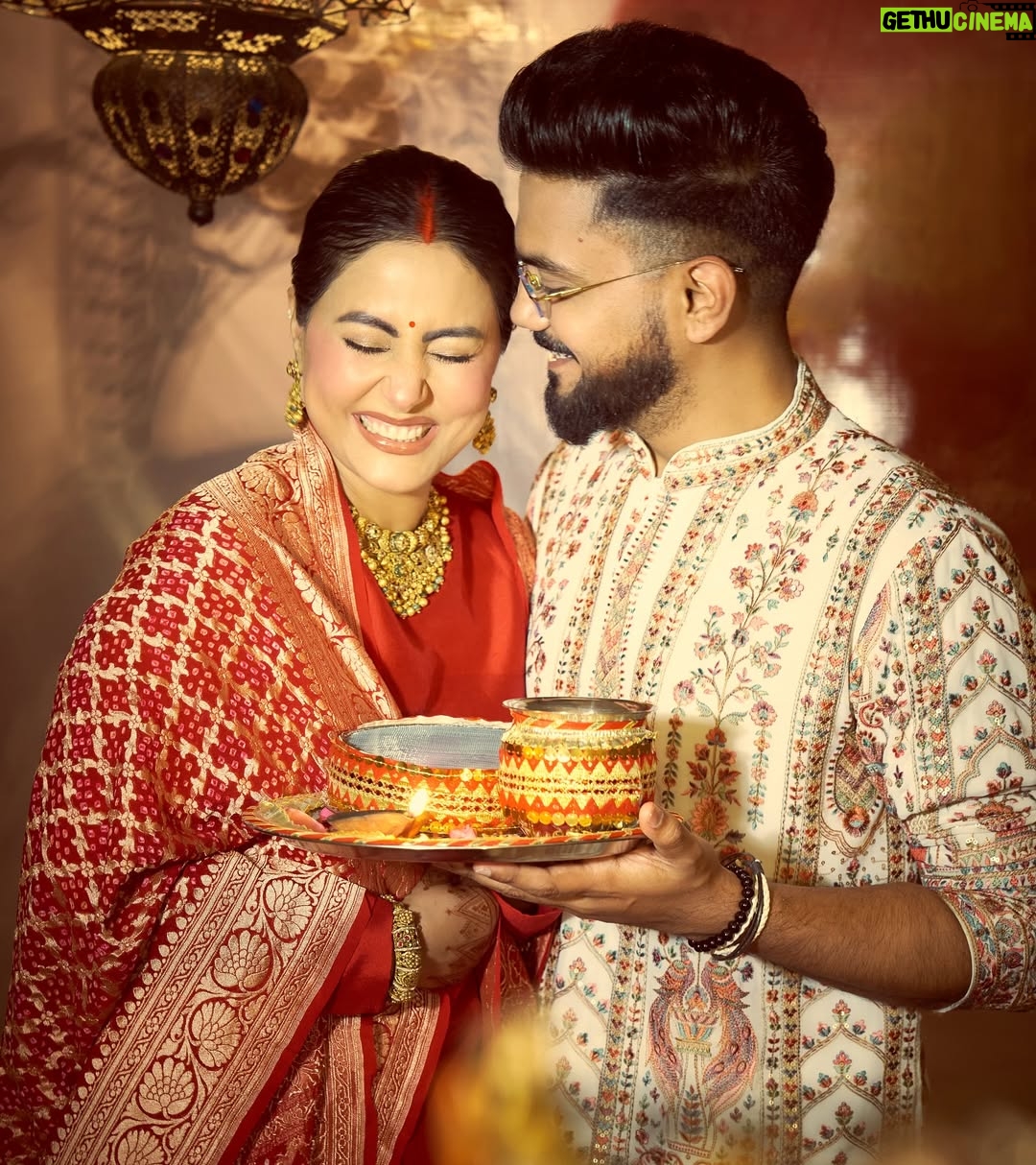 Hina Khan - 3.9 Million Likes - Blessed 🙏🏻♥️🧿
When true love finds true hearts, the bond grows beyond boundaries. Our world revolves around each other and in every celebration, every festival, every Joy our love grows deeper and deeper. We just want to live happily in each other’s embrace and enjoy every opportunity we can find in life to celebrate what we call, Companionship.
Happy Karwa Chauth Aap Sabhi Ko!

I love you @rockyj1 ♥️🧿

This gorgeous Chunni is been gifted by my sister in law @neelamsingh.ritz ♥️
Jewellery - @mayasanghavijewels via @amigos.rizwan
Footwear @stoffastyle 
Hair- @chettiarqueensly 
Mehendi artist @veenanagda 

📸 - @visualaffairs_va