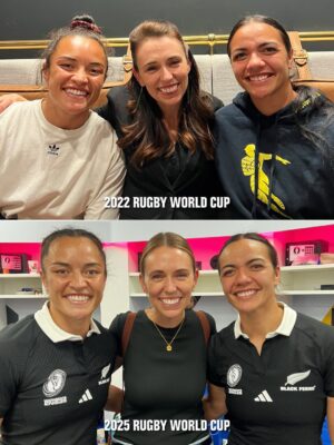 Jacinda Ardern Instagram - When @porshwoodman’s the one doing the fan-girling 🤣

Awesome to have @jacindaardern and her whānau back in the stands supporting us at another Rugby World Cup. Kiwi connections while on the road, always making us feel a little closer to home 🖤

#RWC2025 | #LetsGoAgain