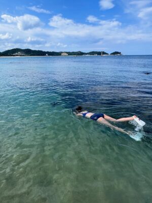 Jeon Hye-jin Instagram - 바다 사는 친구가 깎아주는 해변 복숭아.
숨 쉬러 올라오는 순간도 아까운 물고기 구경.
쨍한 하늘이 점점 높아지는 게 아숩네🍑🐟🐠🐡