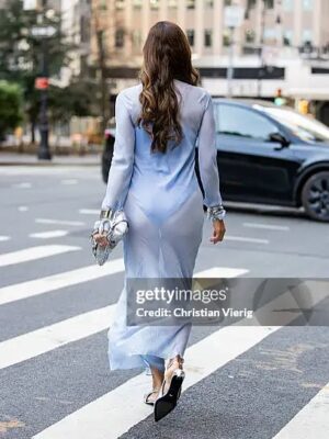 Jocelyn Osorio Instagram - Metallic moments meet powder blue—outside @aquazzura 💙 #streetstyle #nyfw #nyfwstreetstyle