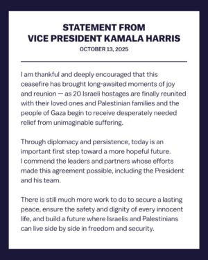 Kamala Harris Instagram - My statement on the ceasefire in the Middle East.