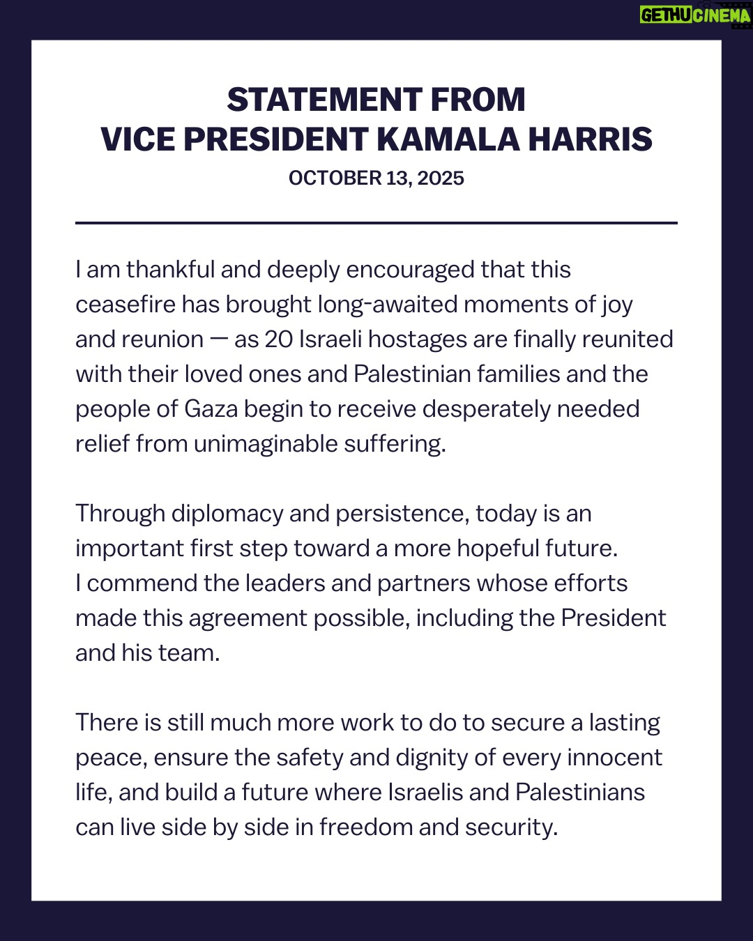 Kamala Harris - 204.3K Likes - My statement on the ceasefire in the Middle East.