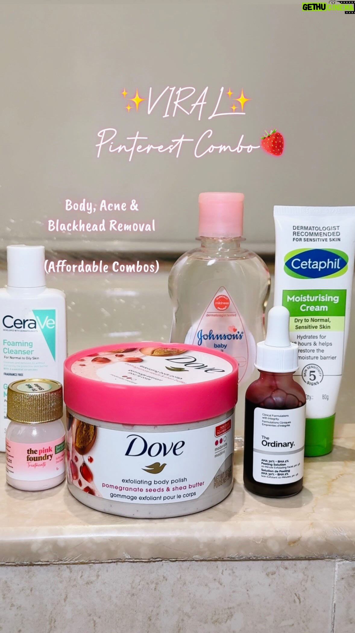 Kareena Tekwani - 6.3K Likes - ✨Affordable Pinteresty Body & Face Combos 🍓

Y’all gave so much love to the last video on affordable body combo, so here’s are a few affordable acne, blackhead & body combos☺️

All links are in my broadcast channel (in bio) 🔗

Products used :
1. Dove Exfoliating Body Polish   Johnsons Baby Oil
2. Cerave Foaming Cleanser   The Pink Foundary Acne Spot Corrector 
3. The ordinary AHA   BHA Peeling Solution   Cetaphil Moisturising Cream
.
.
.
.
[ Viral Body Combo, Blackhead Solution, Body Acne Treatment, Glass Skin, Overnight Acne Solution, Clear Skin Tips, Strawberry Legs, Bright Skin ]