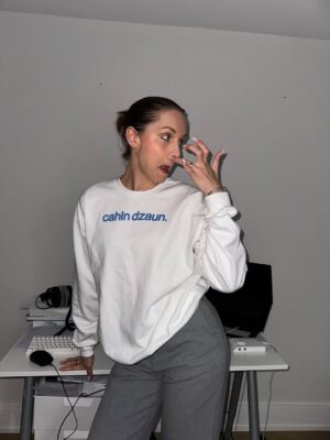 Laura Ramoso Instagram - Ehhh scusa, Chiara merch is HERE. Okay? Cahln dzaun, signora. Cahrlm…..dzoun. 

Available for purchase on my website at my link in bio! 

🌍 Worldwide shipping!
🧍‍♀️ Unisex
🩶 Sweatshirt also comes in vintage grey

MY FIRST MERCH DROP WOW, I’m so excited to share these with you!!! We all have to cahln dzaun but I cannot keep cahrln!!! 

Designed by @kylefornow !!