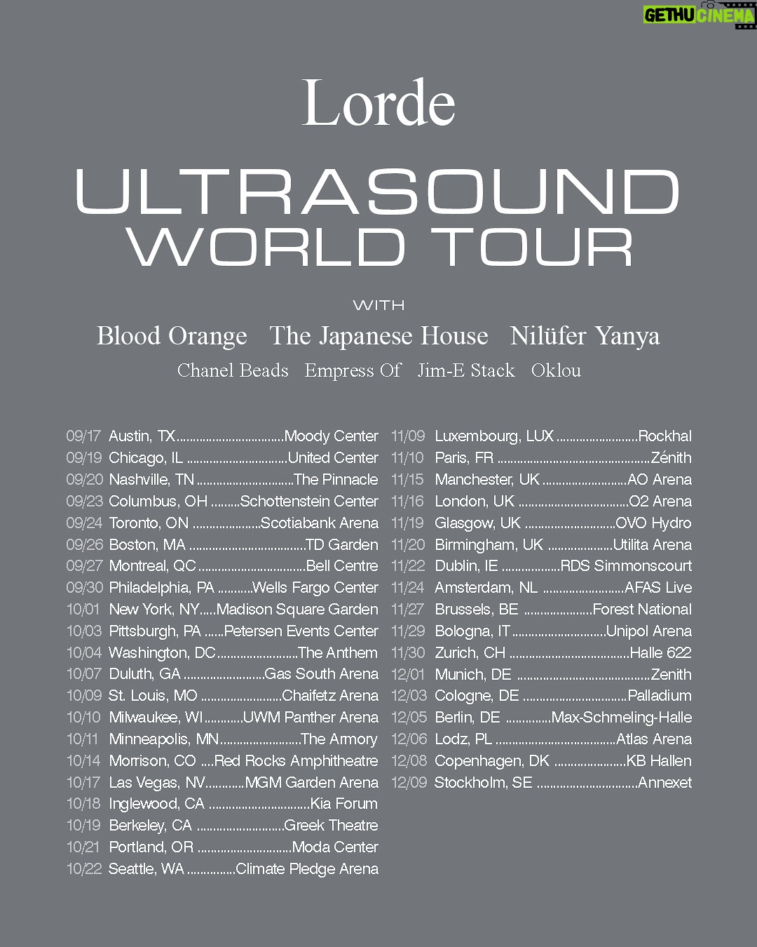 Lorde - 606.3K Likes - Ultrasound ——— I am going on tour in support of my new album, Virgin. Very proud and excited to be bringing my most talented friends in support. Tickets on sale May 16, pre-sale May 14. Come see what’s under the skin. 𝑳ĿŁု⑷♶✬ ㉘ ⨃ꤔꢺ⫡ ⸉ 
ⴹ ⵖ ⴱ