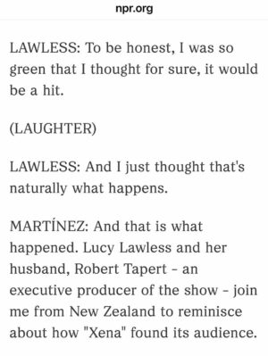 Lucy Lawless Instagram - I want to thank the team at NPR for making us sound smarter than we are! Especially thanks to A Martinez! 

*Full article link in my bio*

#Xena30 @npr