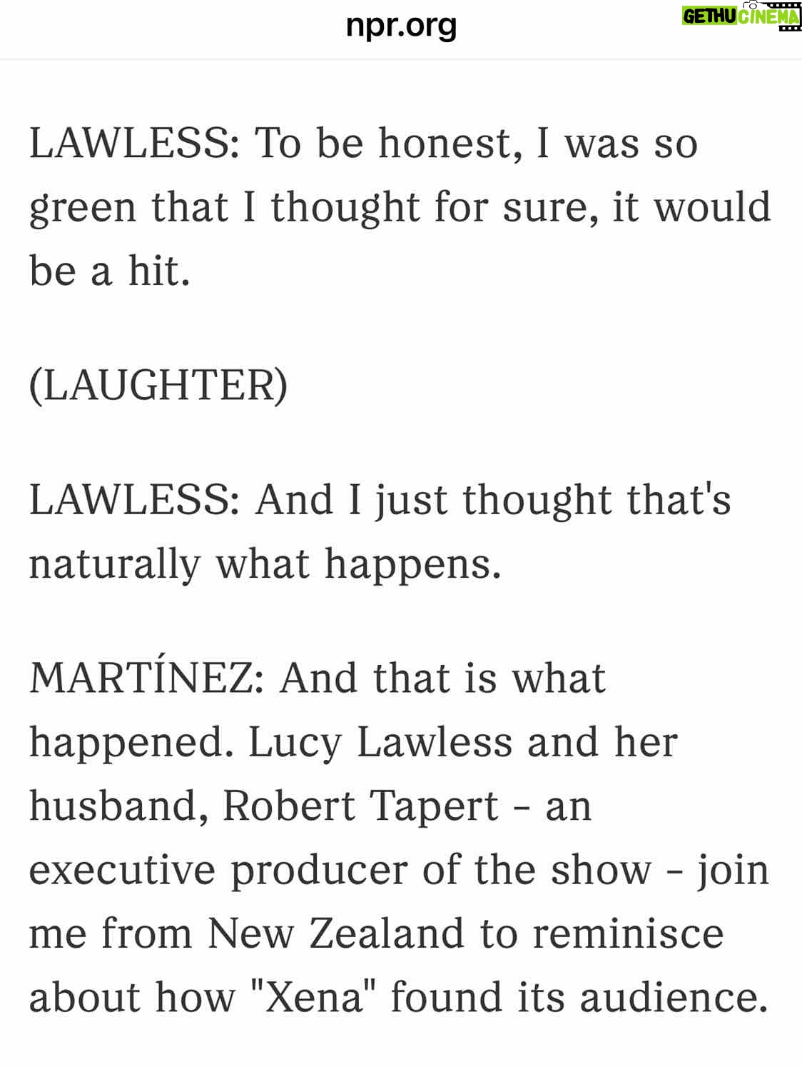 Lucy Lawless - 24.5K Likes - I want to thank the team at NPR for making us sound smarter than we are! Especially thanks to A Martinez! 

*Full article link in my bio*

#Xena30 @npr