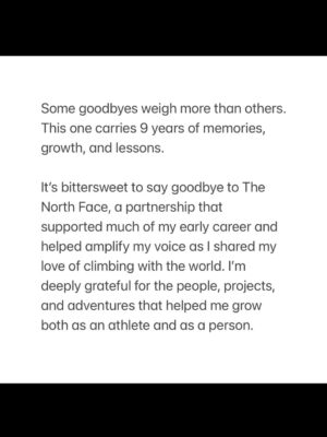 Margo Hayes Instagram - Some goodbyes are heavier than others.
This one carries 9 years of memories, growth, and lessons.
A bittersweet farewell to @thenorthface.
Full reflection in the carousel — thank you for reading. 🤍

Carousel pics:
✩ moments after my first 5.15 ‘La Rambla’♡︎
✩ my first storefront NYC- pic by my sis
✩ being the little trouble maker i am ♡︎
✩ restyling a @wearebraindead / tnf collab skirt as a dress. self shot
✩ national championship finals adrenaline rush. vid by @louderthan11 
✩ learning to surf in PR at my first athlete summit. pic by @tedhesser 
✩ nationals 2017 shot by @louderthan11 
✩ modeling tnf black series designed by @pelagia.kolotouros 
✩ my first time DWS with ex teammate @emilyaharrington. pic @tarakerzhner 
✩ feature with @complex @complexsports shot by @benrayner