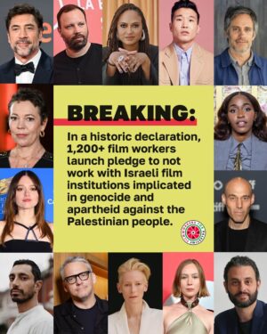 Melissa Barrera Instagram - 📢🚨 Breaking! Film workers across the globe are answering the call of our Palestinian colleagues, who urge the international film industry to “do everything humanly possible” to end our complicity in Israel’s genocide in Gaza. 🇵🇸

⭐️ Already, more than 1,200 filmmakers, actors, and film industry workers have signed, including Adam McKay, Asif Kapadia, Ava DuVernay, Ayo Edebiri, Boots Riley, Cynthia Nixon, Debra Winger, Emma Seligman, Gael García Bernal, Hannah Einbinder, Ilana Glazer, Javier Bardem, Josh O'Connor, Joshua Oppenheimer, Lukas Dhont, Mark Ruffalo, Melissa Barrera, Morgan Spector, Olivia Colman, Riz Ahmed, Susan Sarandon, Tilda Swinton and Yorgos Lanthimos.

The film workers pledge signals a watershed moment in the film industry for Palestinian rights. We reject silence in the face of genocide and apartheid. And we reject racism, bigotry, bullying and dehumanization.

👉 Film workers: Join the call. Click through the link in our bio to sign the pledge.
